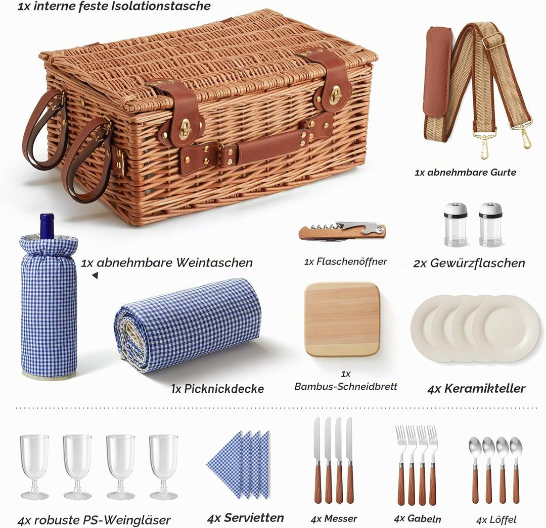 Wicker Picknickkorb Set für 2-4 Person mit Kühlfach und wasserdichte Picknickdecke, Abnehmbarer Riem
