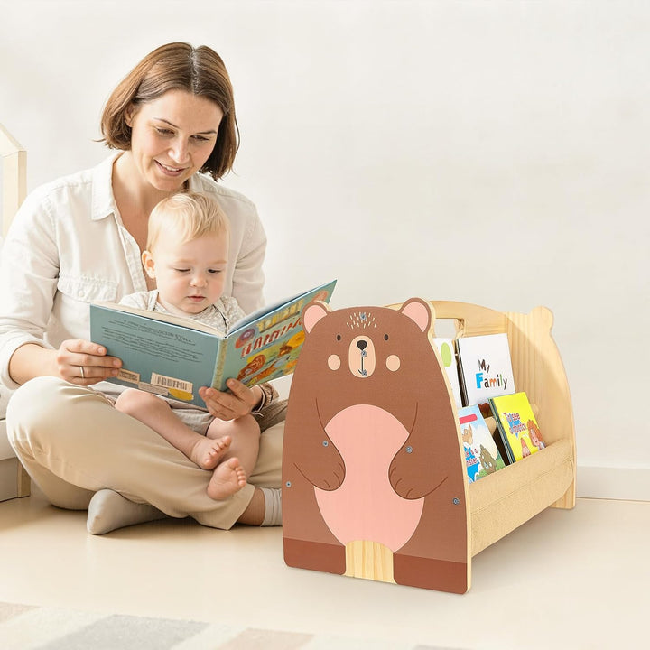 MHJY Bücherregal Kinder, doppelseitiges Holzregal mit robusten Canvas-Taschen, Montessori Stil, trag