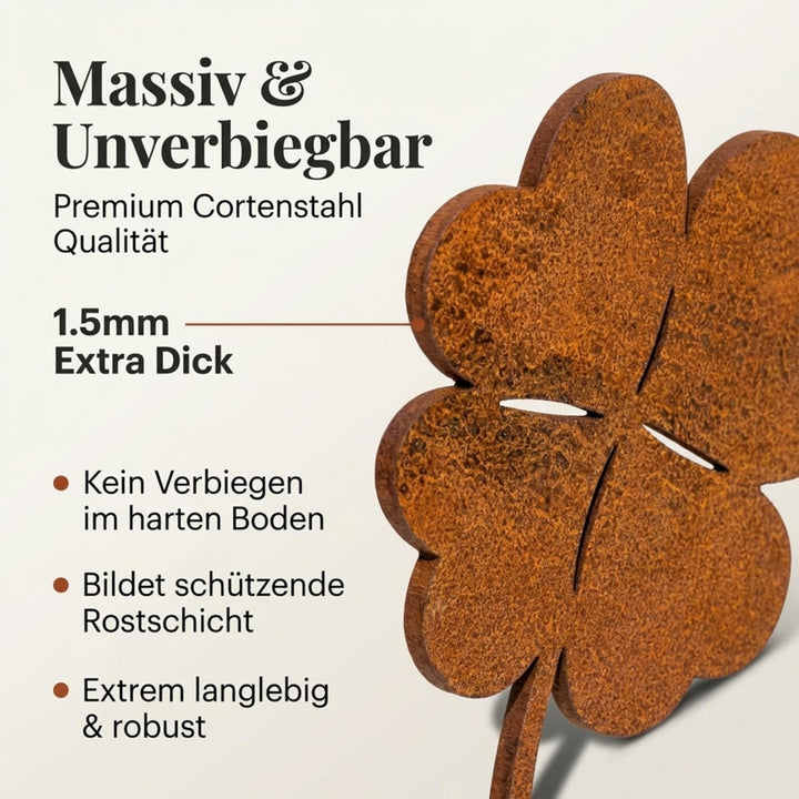 MM Steel Styles Edelrost Kleeblatt Gartenstecker-einfach einsteckbare Rostdeko aus hochwertigem Cort
