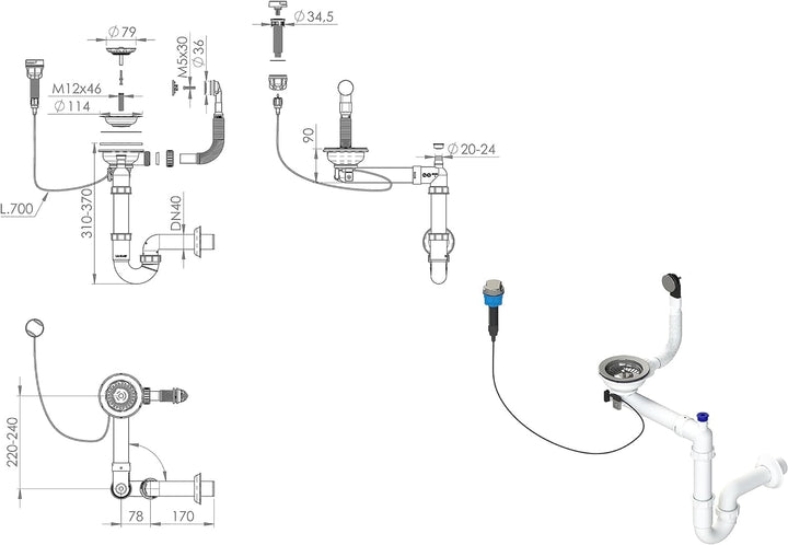GRANMASTER Siphon Küchenspüle Automatischer 1-Kammer Raumsparsiphon mit überlauf - Ablaufgarnitur fü