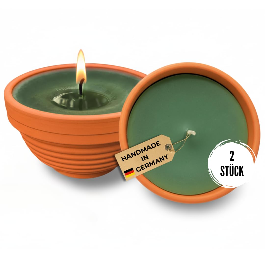 Lavalis 2x Outdoor Kerze, handbefüllte Terrakotta-Kerzen aus recyceltem Wachs, 20h Brenndauer, 5cm F