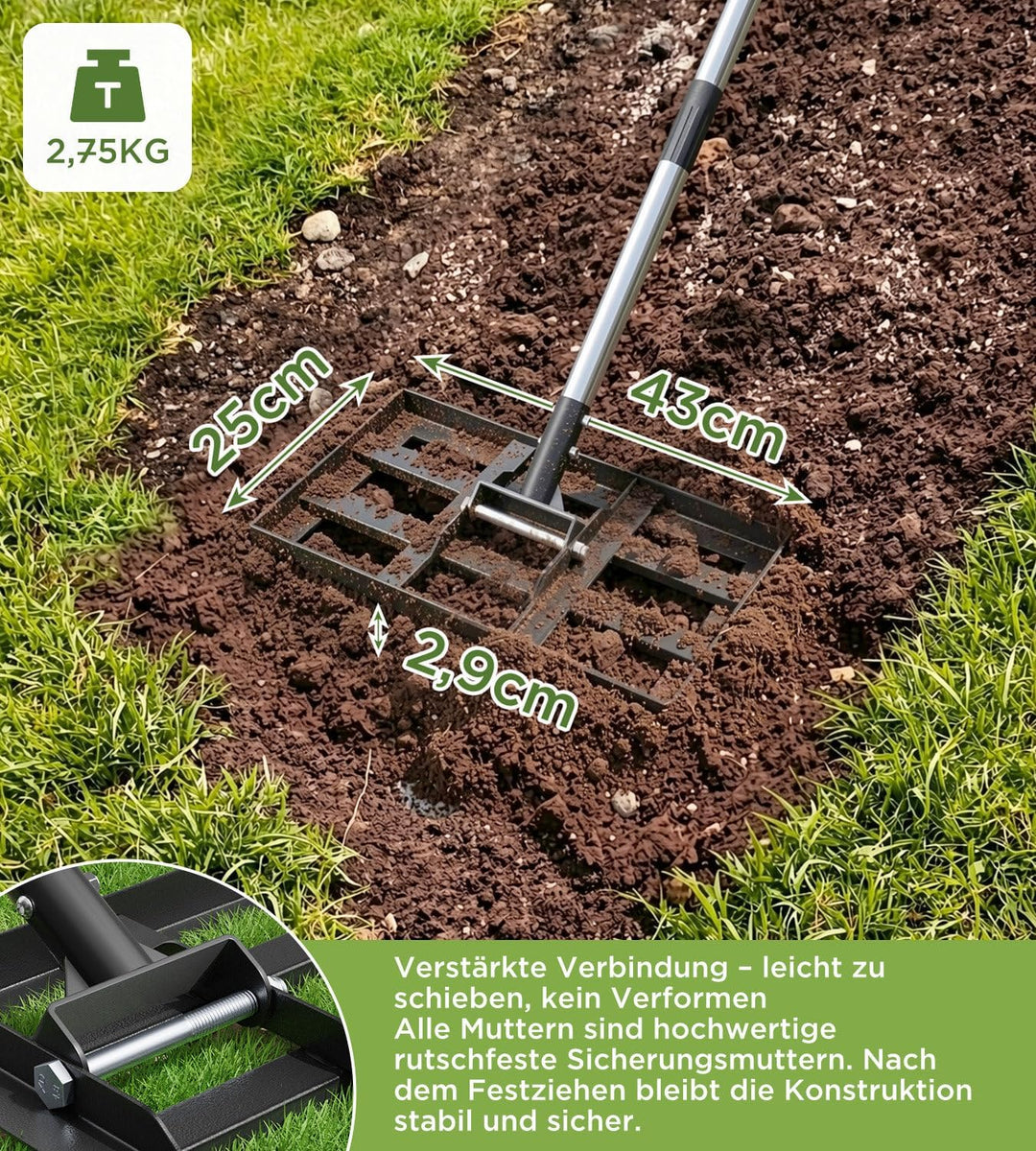 Rasenrakel 43x25cm mit Verstellbarem 180cm Langem Edelstahlstiel, Robuster & Kraftsparender Garten R