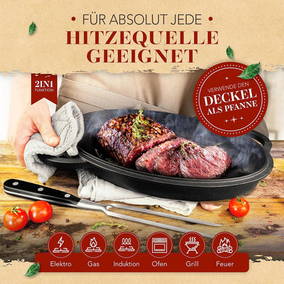 KRUSTENZAUBER 35cm Gusseisen Bräter mit Deckel backofengeeignet [inkl. Fleischgabel] - Gusseisen Top
