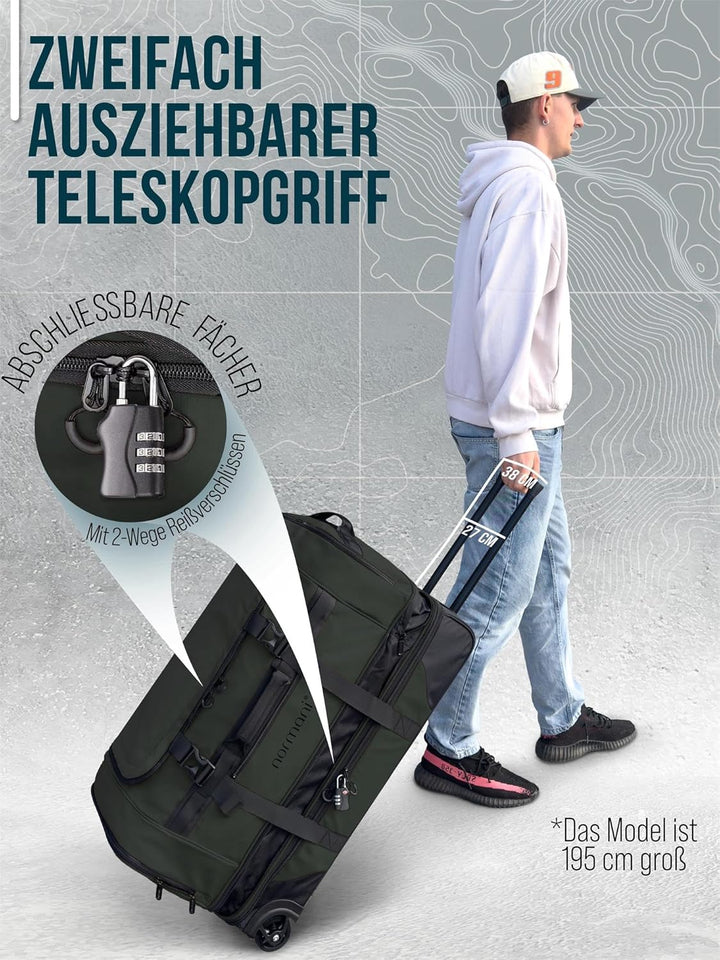 normani XXL Reisetasche 100-120 Liter 2-Rad Trolley gross Weichgepäck Travel Bag mit Rollen und 8 Fä
