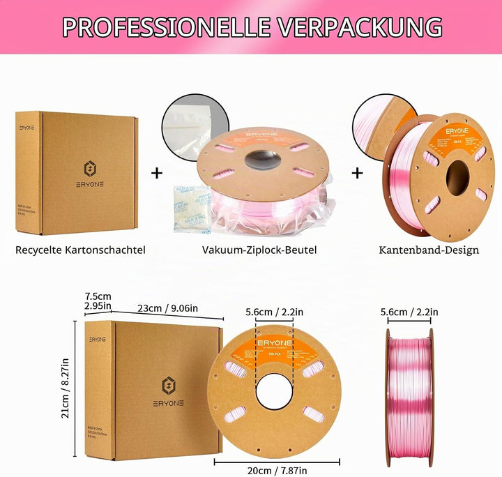 ERYONE Silk PLA Filament 1.75 mm, 3D-Drucker Filament PLA, 0,03 mm, 1 kg/Spule, Silk Rosa Silk PLA-R
