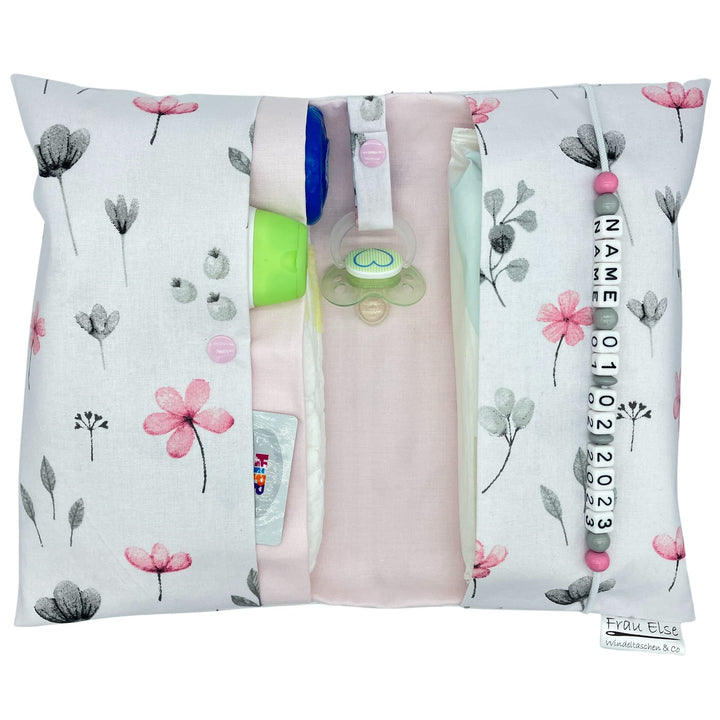 Grosse Windeltasche XXL mit Name Wickeltasche - Blumen weiss rosa grau - für Mädchen