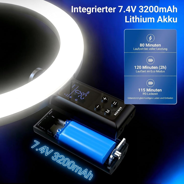 NEEWER 12" Selfie Ringlicht mit App Steuerung/Fernbedienung/Stativ, 3200mAh, zweifarbige LED, CRI 95