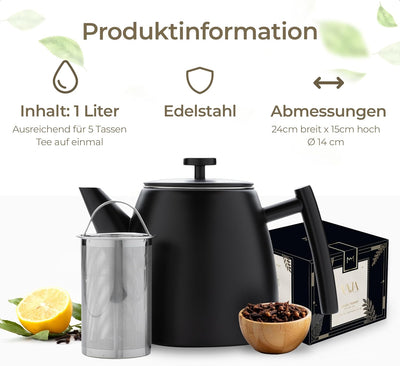 Vaja Trends | Doppelwandige Teekanne | Isoliert und Tropffrei | Edelstahl Schwarz Matt 1L | Inklusiv