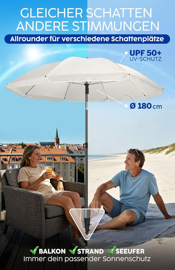 4smile Sonnenschirm Strand SunnyJoy, Beige - UPF 50+ Strandschirm Ø 180 cm, sicherer Sonnenschutz St