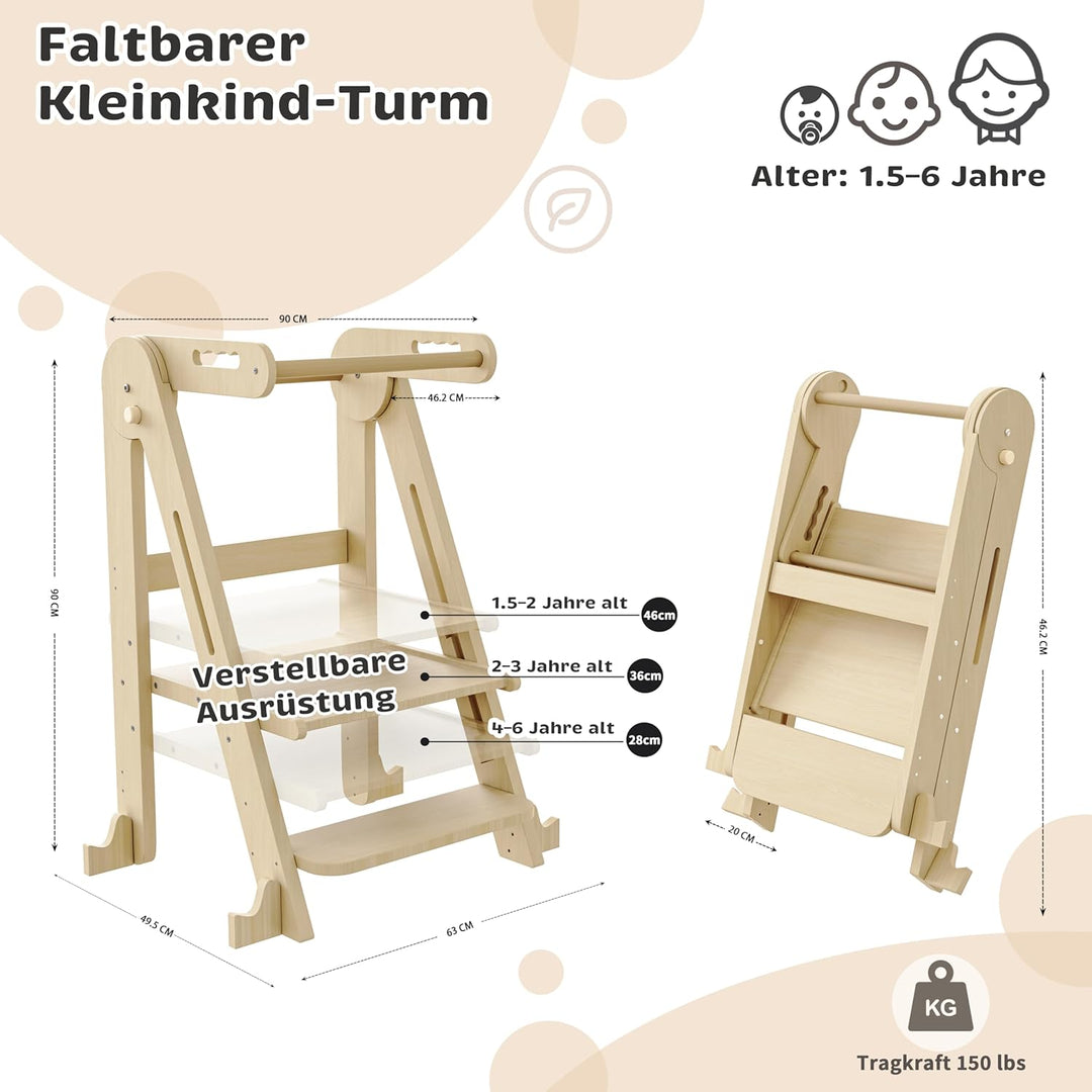 Klappbarer Toddler Tower Tritthocker, Höhenverstellbarer Kinderhocker mit Sicherheitsleiste & Rutsch