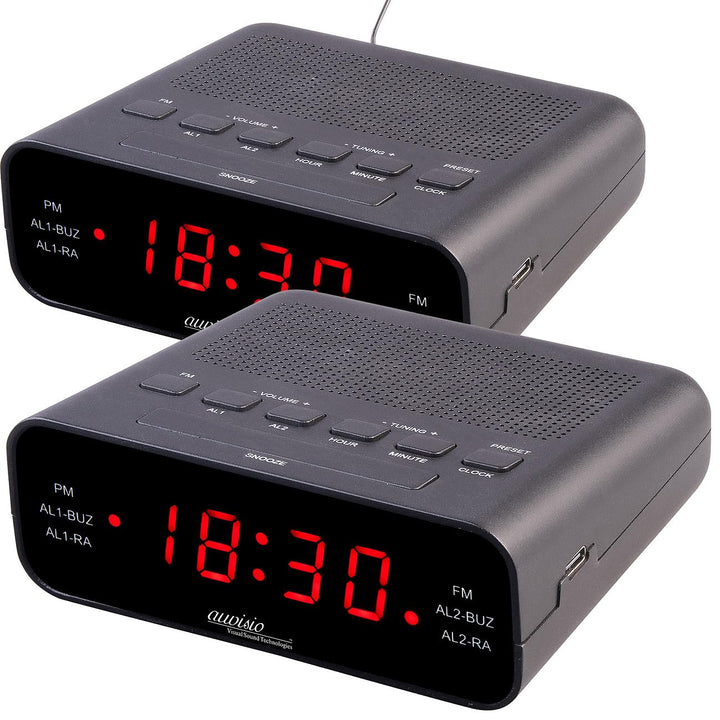 auvisio Uhrenradios Radiowecker: UKW-Radiowecker mit 2 Weckzeiten und LED-Anzeige, Schlummer, 2er-Se