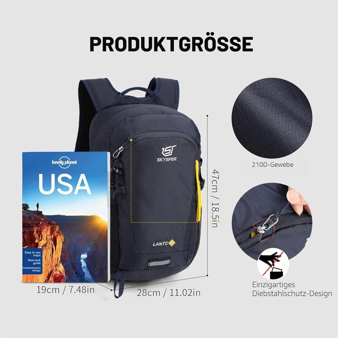 SKYSPER Leicht Wanderrucksack Klein Rucksack mit Rückenbelüftung Trekkingrucksack aus atmungsaktivem