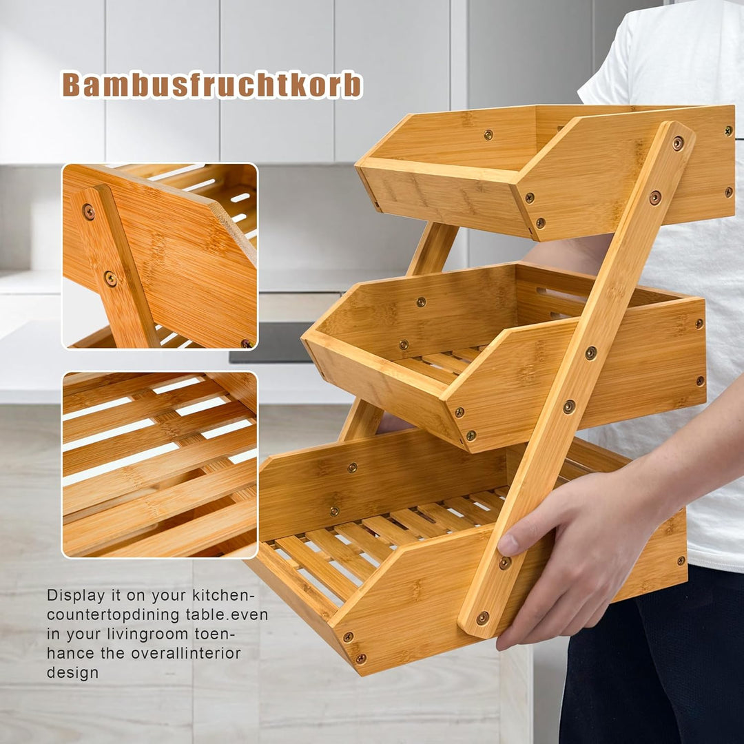 ADEL DREAM Bambus-Obstkorb 3-stöckiger Servierkorb Obstschale und Natürliches Aufbewahrungskorb-Rega