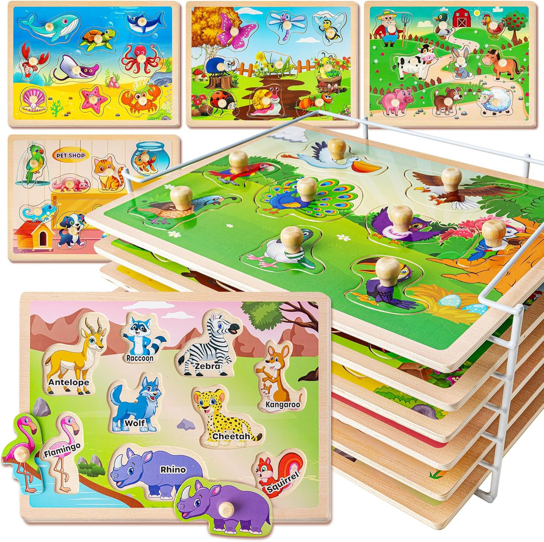 SYNARRY 6 Set Kinder Holzpuzzle ab 1 2 3 Jahre, Montessori Spielzeug Steckpuzzle für Babys Kleinkind