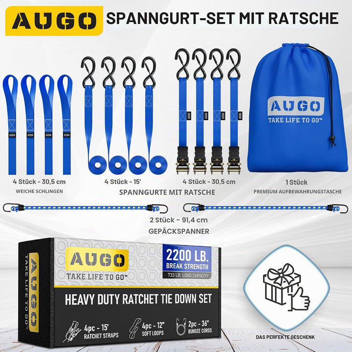 AUGO Spanngurte mit Ratsche – 4 Stück – 4,5 m–1000 kg Tragkraft – Lastengurte für bewegliche Geräte,