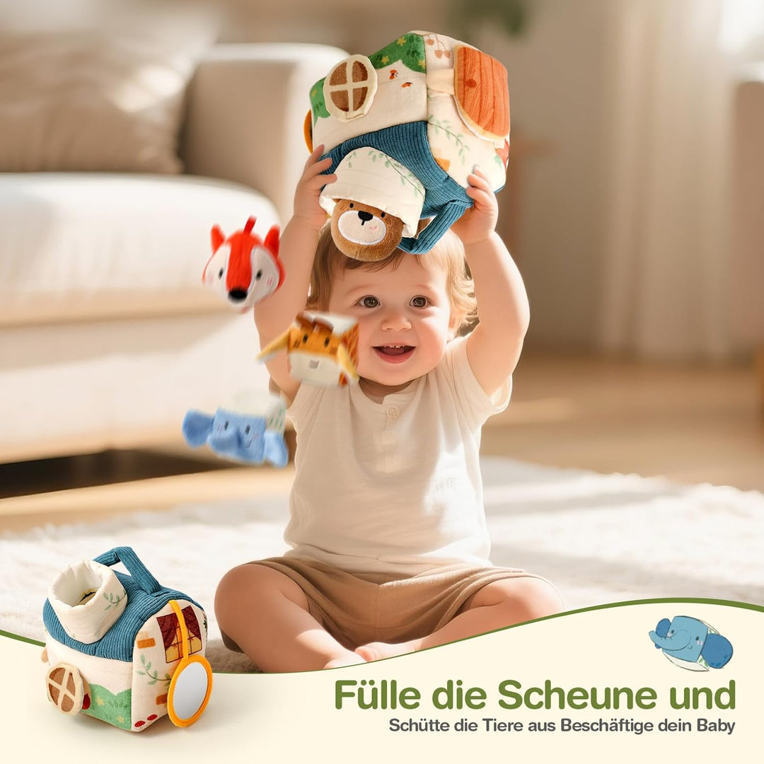 WOODEN TEETHER Baby Spielzeug 4 6 12 18 Months, Montessori Spielzeug Baby Ensory Farm House mit 5 Ti