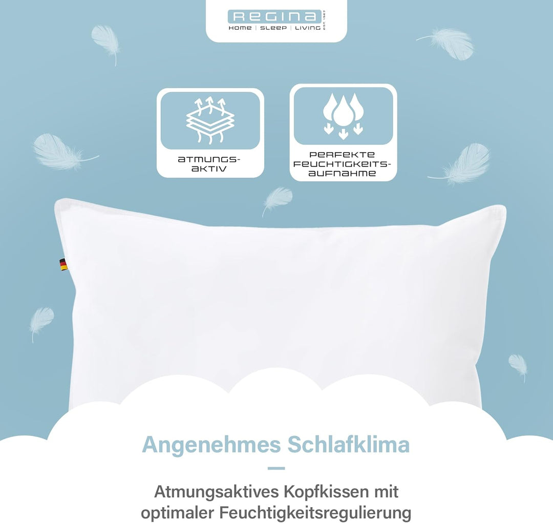Regina Home Kopfkissen 80x80 cm - Fest - Ergonomisches Nackenkissen mit 85% Federn &amp; 15% Daunen - Wa