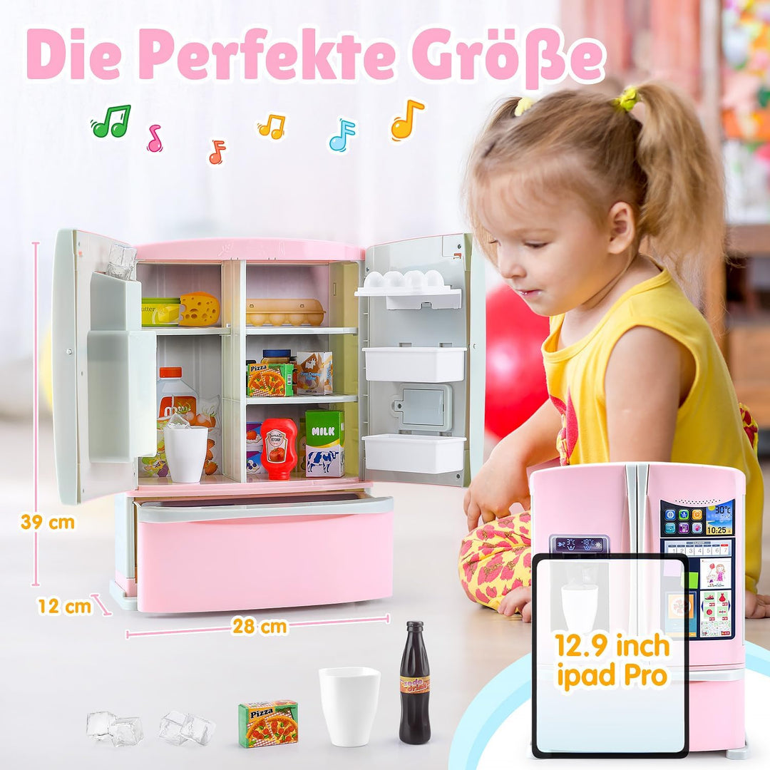 PLAY Küche Kinder Kühlschrank Spielzeug mit Eisspender, Spielküche Zubehör Set mit Kinderkühlschrank