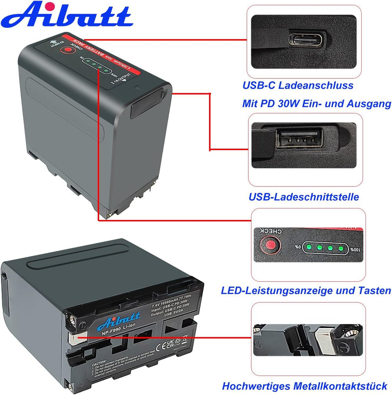 Aibatt 10.5Ah NP-F970 Ersatzakku für Sony NP-F980,NP-F960,NP-F750,Kompatibel mit Sony DCR-VX2100,DSR