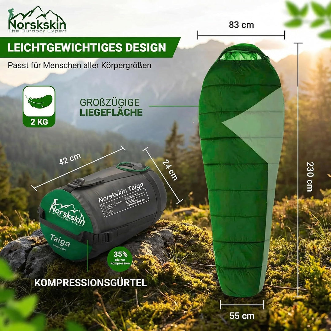 Norskskin Leichter Schlafsack 4 Jahreszeiten 0°C bis -23°C - Mumienschlafsack extra lang (230 x 82 c