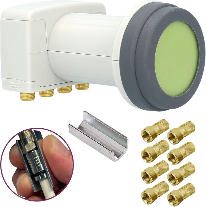 [ Test SEHR GUT, Note 1.2 *] GSS Helios Quattro LNB + 8X Fstecker, mit LTE Abschirmung &amp; Sun Protect