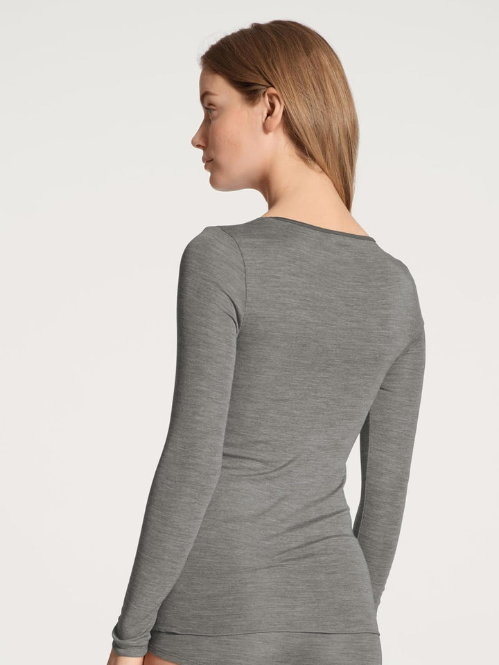 CALIDA True Confidence Langarmshirt Damen, aus Wolle-Seide, Feinripp, temperaturausgleichend und ger