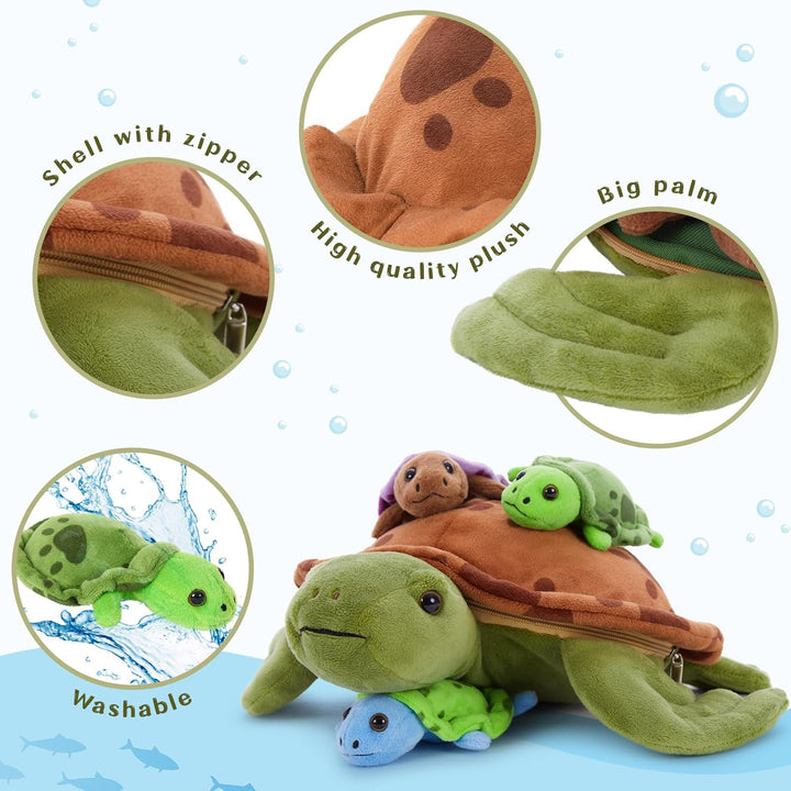 MorisMos 32cm Plüsch Kuscheltier Schildkröte mit 3 Baby im Panzer, 4 Stücke Süss Kuschelig Schildkrö