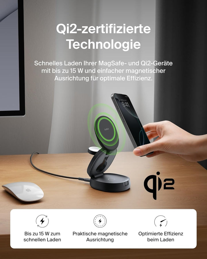 Belkin BoostCharge 3-in-1 Induktive Ladestation mit Qi2, 15W, MagSafe-kompatibles Ladegerät, Kabello