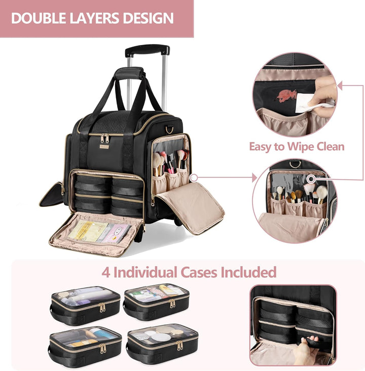 Rollbare Make-up Tasche mit 4 Einzelnen Koffern, professioneller Makeup Koffer mit Rollen Reisetasch
