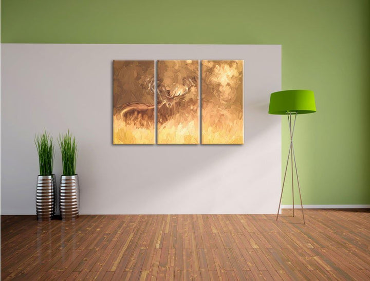 Pixxprint Rotwild im Morgenlicht / 3-Teilig/Gesamtmass 120cm Leinwandbild bespannt auf Holzrahmen/Wa