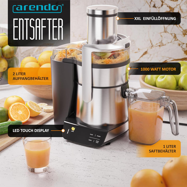 Arendo - Entsafter digital mit Display - 1 Liter – 1000 Watt – XXL Einfüllschacht – LED Display - Fa