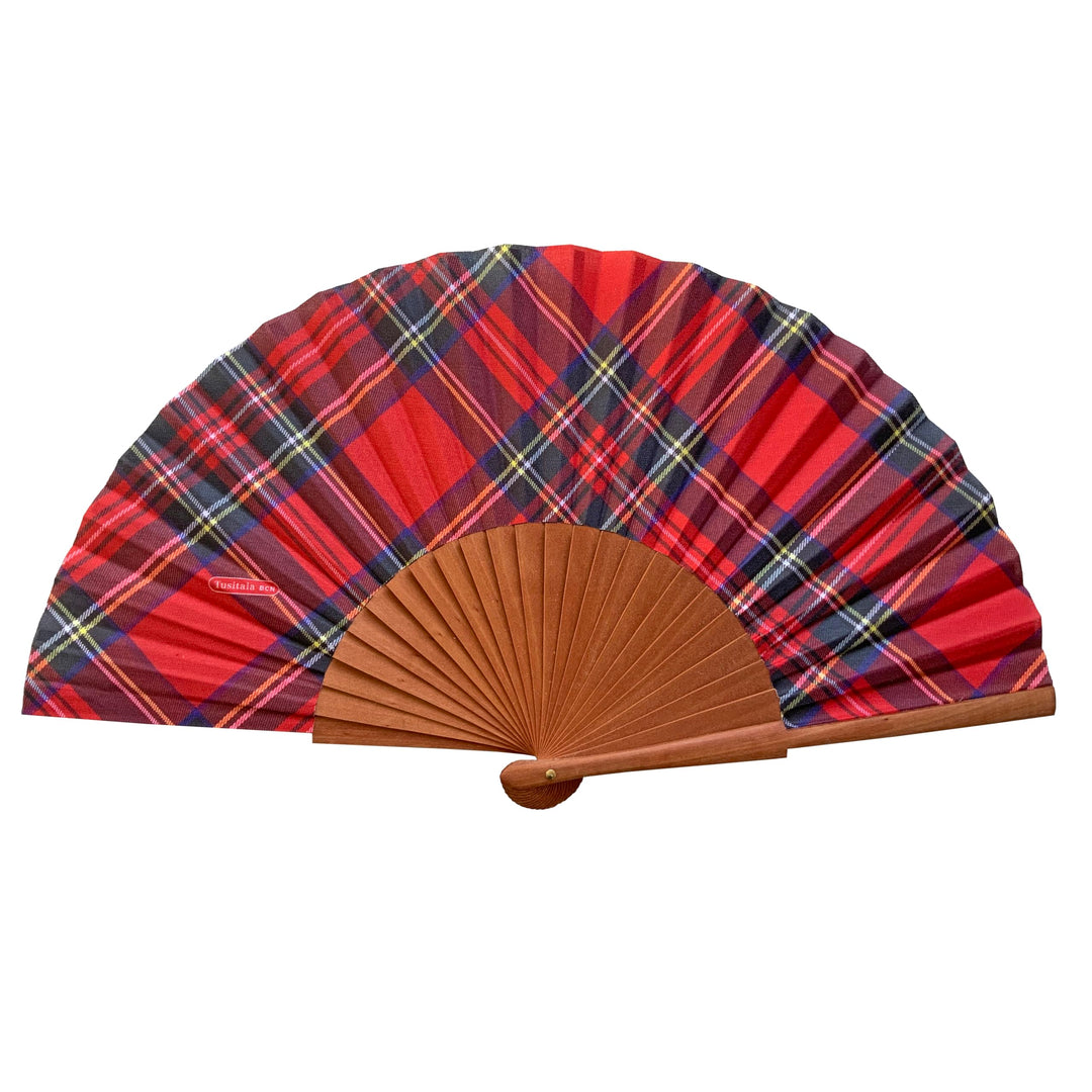 Spanischer Handfächer Tartán Rojo–Holz und Baumwolle–23 cm–Etui und Hülle aus Jute–Modeaccessoire–Ha