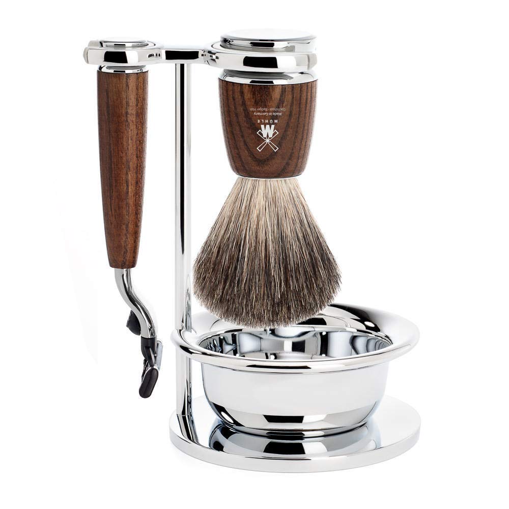 MÜHLE Rasierset - Rytmo Serie - Reines Dachshaar - kompatibel mit Gillette-Klingen - Eschenholz dunk