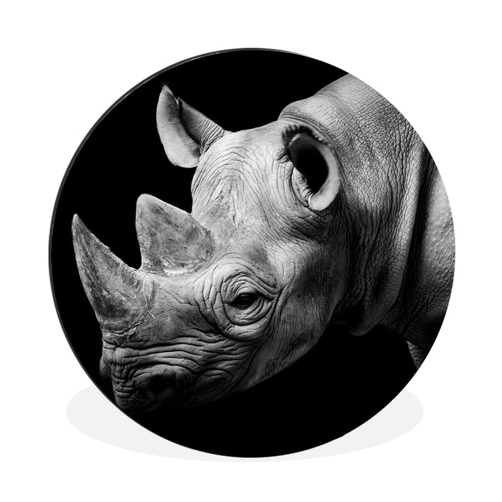 MuchoWow Wandbild Rund Wanddeko Deko Wohnzimmer Bilder 90x90 cm Tiere - Nashorn - Schwarz - Weiss -