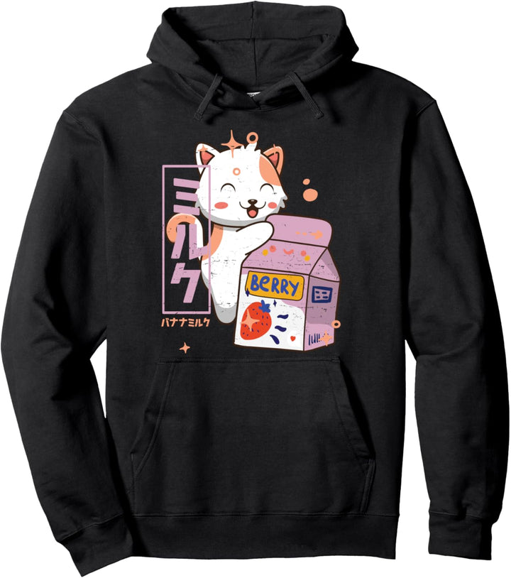 Kawaii Cat - Strawberry Milk Shake - Cute Japanese Kitten Pullover Hoodie
