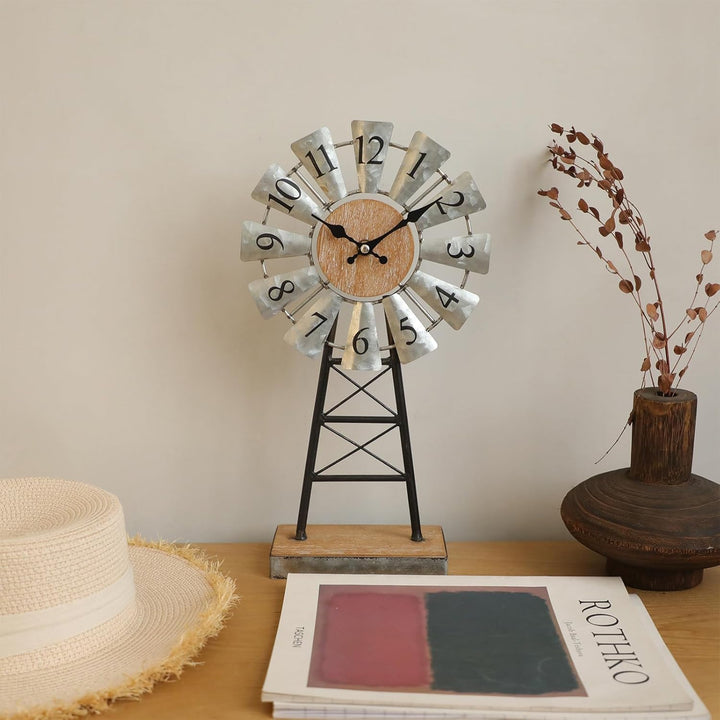 MODE HOME Verzinkte Windmühlen-Tischuhr auf Ständer, Vintage-Schreibtisch- und Regaluhr, dekorative