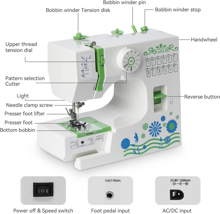 Nähmaschine für Anfänger und Kinder, 12 Stichmuster Overlock Nähmaschine, Portable Mini Sewing Machi