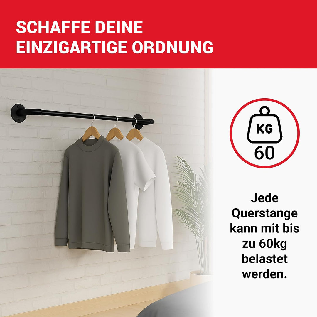 LouMaxx Rusticline Kleiderstange Wand schwarz 2er Set - Garderobenstange Wandmontage platzsparend, 8