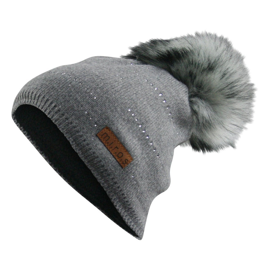 m.i.r.o.s Tiffany Damen Wintermütze Grau mit Kristallen | handgemachte Bommel Mütze