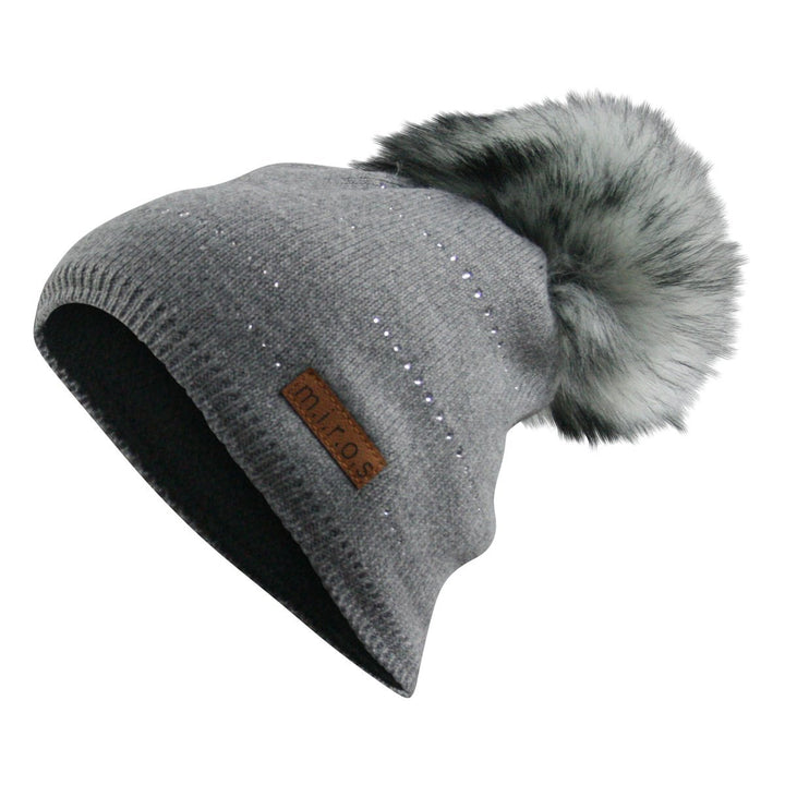 m.i.r.o.s Tiffany Damen Wintermütze Grau mit Kristallen | handgemachte Bommel Mütze