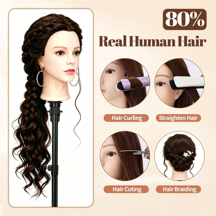Yofuly 24Zoll / 61cm Frisierkopf mit Ohrlöchern, 80% Echthaar Übungskopf, Make-up Frisieren Training