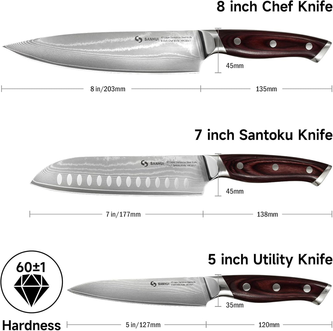 3er Damastmesser Set,Küchenmesser Set aus 67 Lagen Damaststahl mit Pakkaholzgriff,Profi Damast Messe