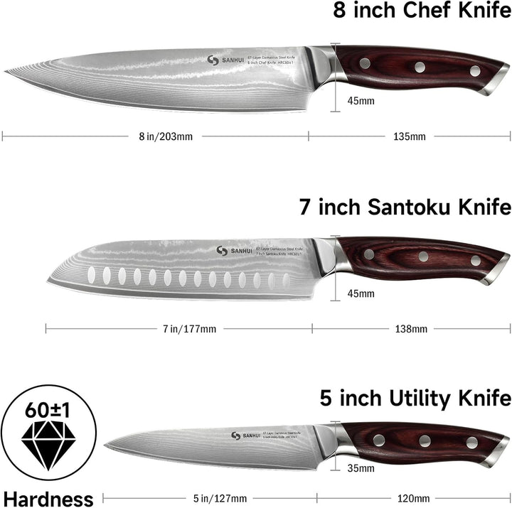 3er Damastmesser Set,Küchenmesser Set aus 67 Lagen Damaststahl mit Pakkaholzgriff,Profi Damast Messe