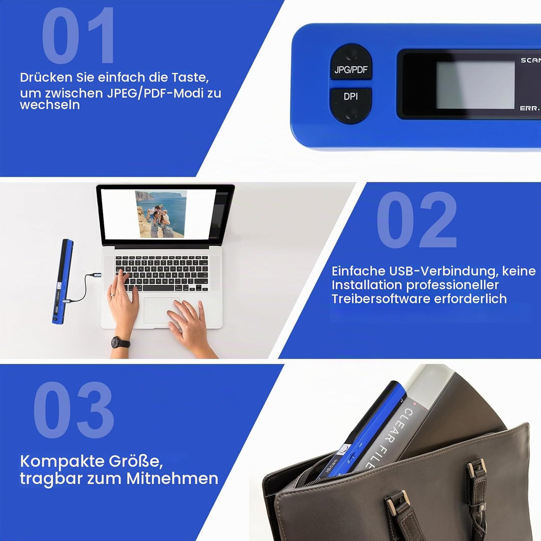 AOZBZ Tragbarer Dokumentenscanner Blau 900 DPI Handlicher USB-Bildscanner A4 Farbfoto Mobiler Scanne