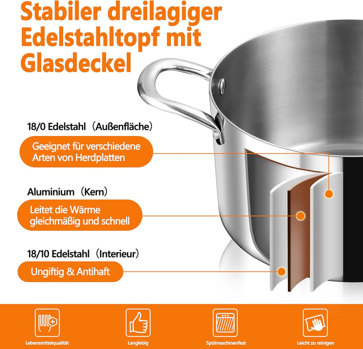 TEAMFAR Kochtopf, 3-Lagen Edeastahl 22cm Topf Induktion mit Glasdeckel, 4,75L Nudeltopf Fleischtopf