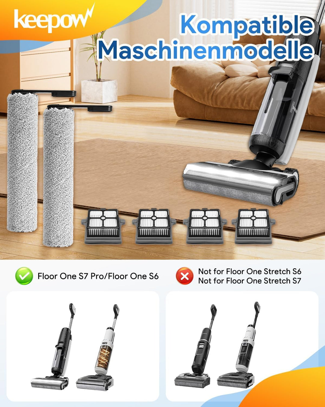 KEEPOW 7 Stück Zubehörset für Tineco Floor One S7 Pro/Floor One S6 Nass-und Trockensauger, Ersatzbür