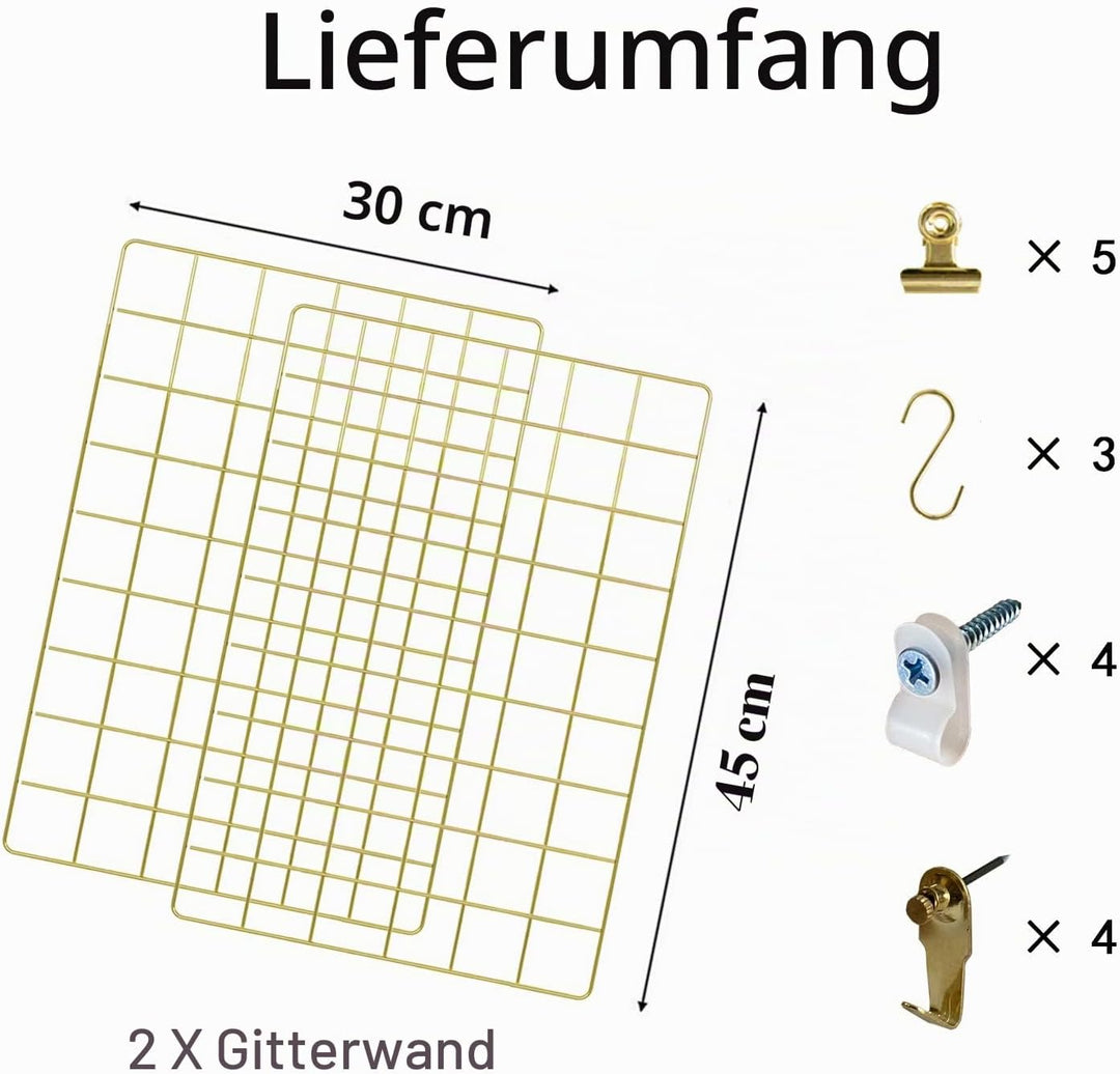 FRIADE Wandgitter-Panel für Foto-Display, Wandaufbewahrung, Organizer, 5 Metall-Clips & 3 S-Haken 4