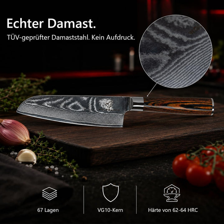Wolfblood Damastmesser Santoku Messer L(24cm) Profi-Kochmesser aus 67 Lagen Damaststahl und VG10 All
