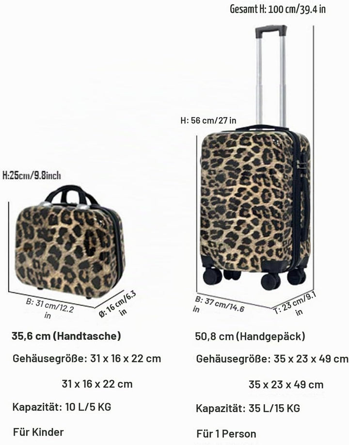 Leopardenmuster Gepäckset 2-teilig (20" Handgepäck + 14" Handtasche) - Hartschalen-Koffer mit Zahlen