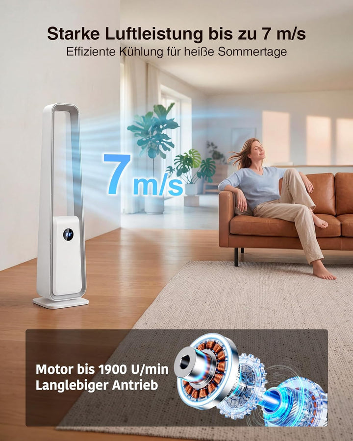 Leise Rotorloser Turmventilator mit Fernbedienung: 75° Oszillation Blattloser Ventilator 3 Modi & 12